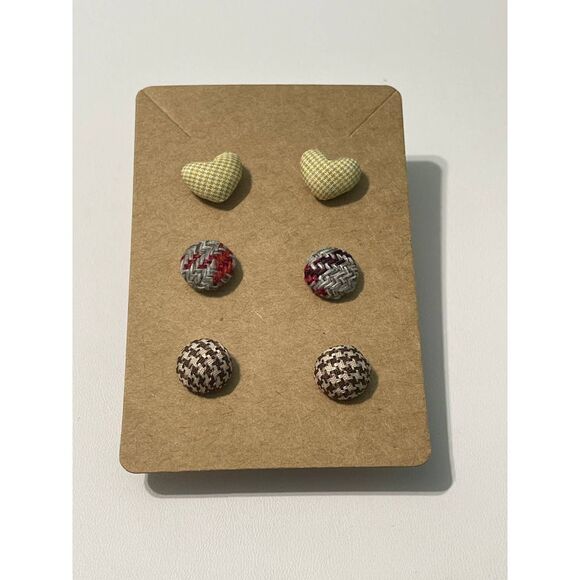 Fabric Covered Button Earring Stud Set Plaid Brown‎ - Picture 5 of 5